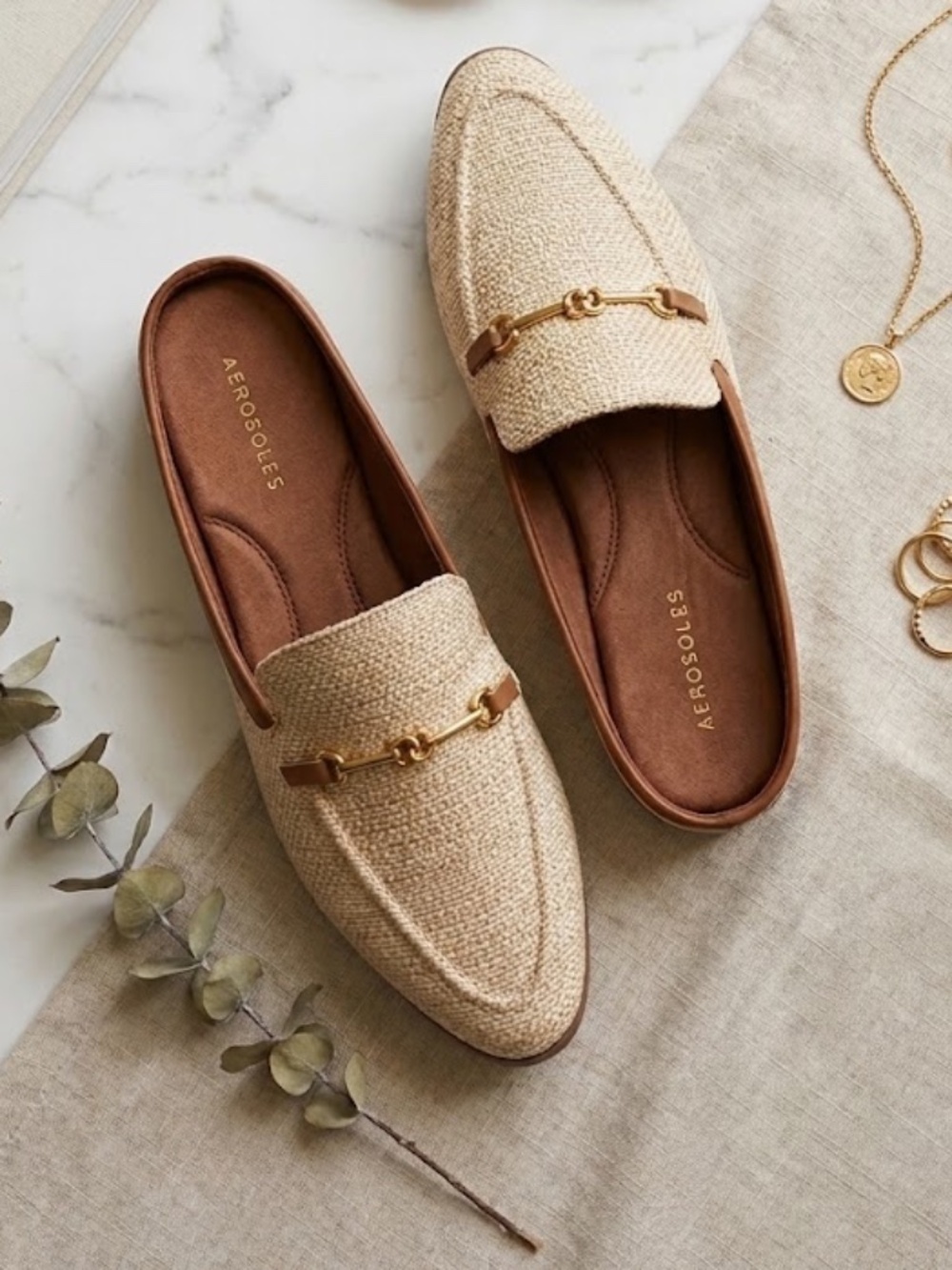 AEROSOLES Beige Raffia Woven Mule Loafers with Gold Accent